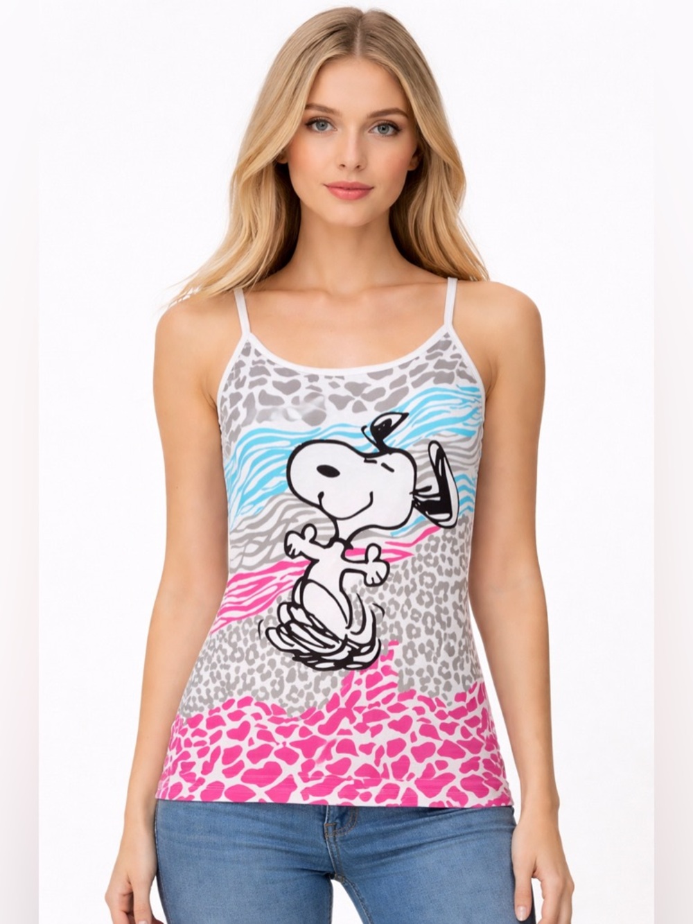 Peanuts Dancing Snoopy Tank Top w/ Blue & Pink Animal Print Graphics Size Jr XL - Picture 1 of 11